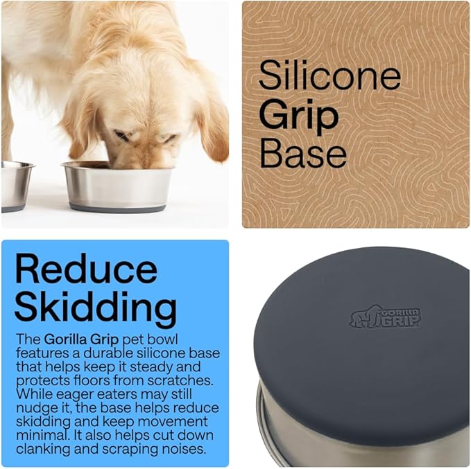 GORILLA GRIP Dog Bowls, Food Grade 304 Stainless Steel, Holds 4 Cups Each (32 fl oz) Food and Water Bowl for Feeding Dogs and Cats, Dishwasher Safe, Rust Resistant, BPA Free Rubber Base Set of 2 Gray