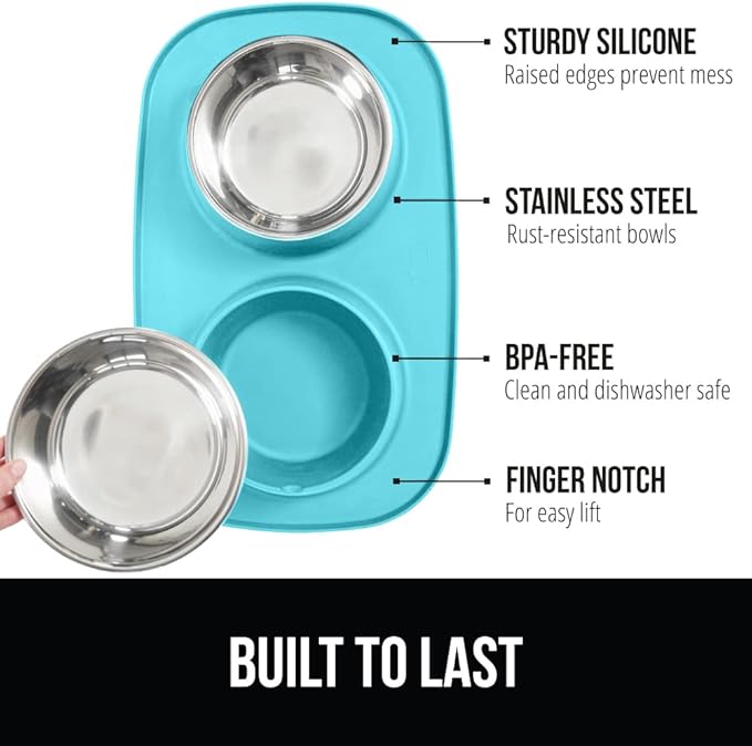GORILLA GRIP Feeding Mat Set, 3 Cup, Patent Pending 100% Waterproof BPA Free Silicone, Stainless Steel Cat and Dog Bowls, Slip Resistant, Edges Catch Water Food, US Designed Pet Accessories, Turquoise