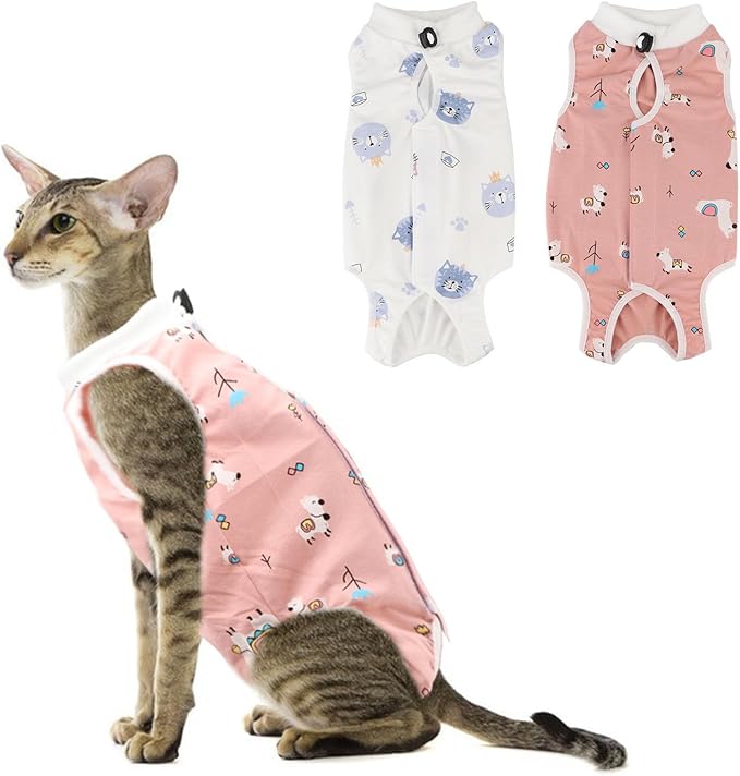 2PCS Cat Recovery Suit - Breathable Cat Surgical Recovery Suit, Onesie for Cats After Surgery Recovery, Alternative Cone of Shame Abdominal Wound Skin Wear Protection (Pink+White, L)