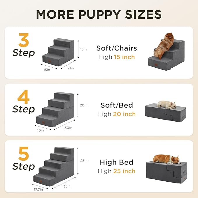 Joydeco Dog Stairs for Bed 20" H, 4-Step Pet Steps for Small Dogs and Cats, Dog Steps for High Bed, Non-Slip Balanced Ramp Indoor Pet Stairs, Gray