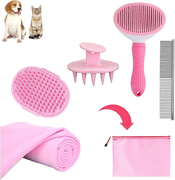 Dog Bath Brush Bathing Kit 5PCS - Pet Washing Brush, Dog Brush for Shorted Haired Dogs, Dog Scrubber for Bath, Scalp Scrubber Hair Bath Brush Set Pink