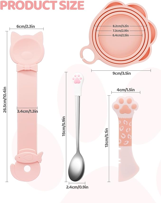 5 PCS Cat Food Can Covers Lids Set, Silicone Pet Food Can Lids with Multi-Function Cat Food Spoon and Opener, Cat Bar Squeezer, Stainless Steel Wet Food Spoon for Cats and Dogs (Pink) (Flower Pattern)