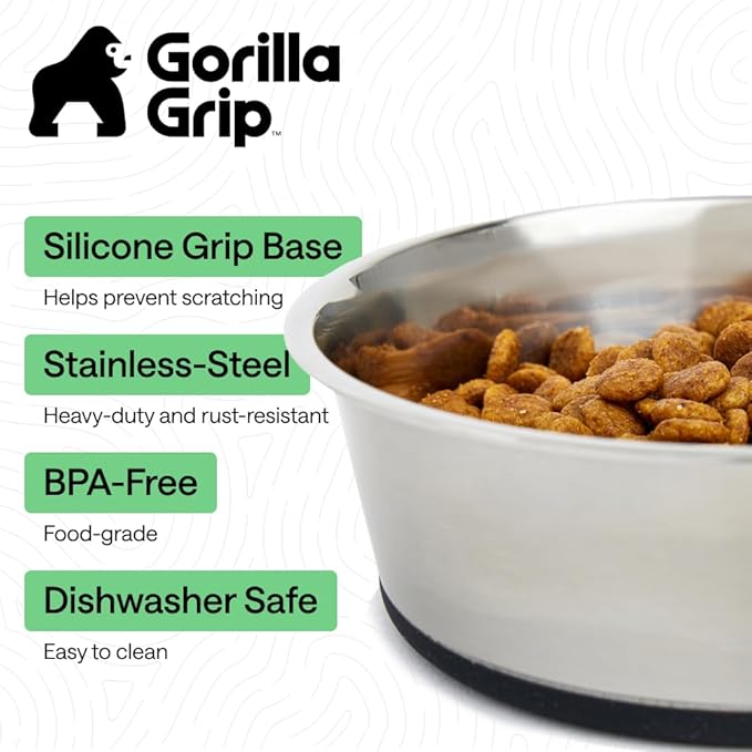 GORILLA GRIP Dog Bowls, Food Grade 304 Stainless Steel, Holds 4 Cups Each (32 fl oz) Food and Water Bowl for Feeding Dogs and Cats, Dishwasher Safe, Rust Resistant, BPA Free Rubber Base Set of 2 Black