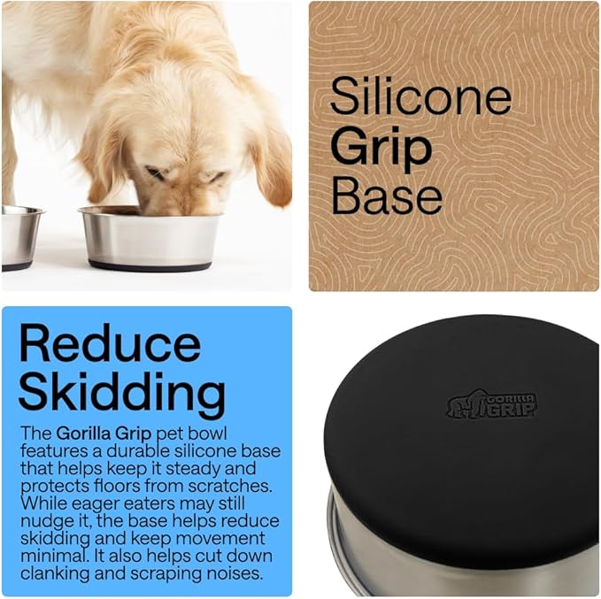 GORILLA GRIP Dog Bowls, Food Grade 304 Stainless Steel, Holds 2 Cups Each (16 fl oz) Food and Water Bowl for Feeding Dogs and Cats, Dishwasher Safe, Rust Resistant, BPA Free Rubber Base Set of 2 Black