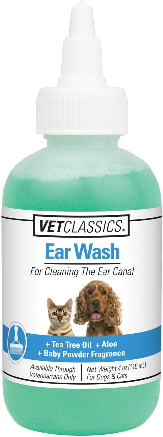 Vet Classics Ear Wash Liquid Formula for Dogs & Cats – Pet Ear Wash Formula Cleans Dog, Cat Ear Canals – Includes Aloe, Tea Tree Oil – Helps Remove Pet Ear Wax, Dirt, Debris – 4 Oz.