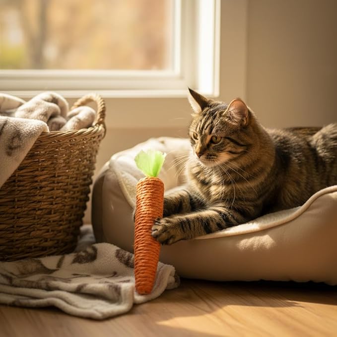 2 Pcs Orange Natural Interactive Sisal Carrot Cat Toys,Cat Dental Chew Toy Kitten Teething Toys for Indoor Cats Interactive Toys