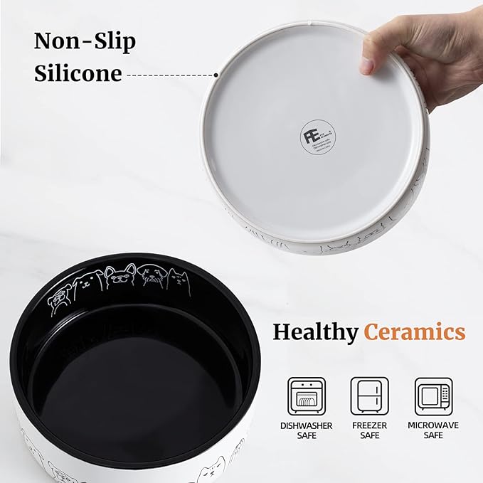 Fun Elements Ceramic Dog Bowls - Non-Slip, 16 Fl Oz Black Bowls with Adorable Dog Patterns (Small)