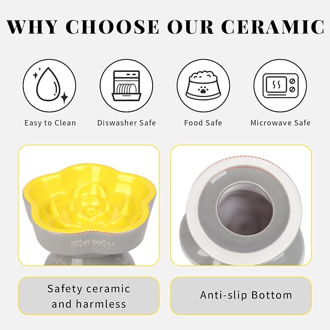 S&Q's CERAMICS Raised Slow Feeder Cat Bowl, Ceramic Elevated Food Bowl Small Dogs Slow Feeder, Flower Shaped Cute Pet Dish for Dry and Wet Food (Yellow, 5.8")