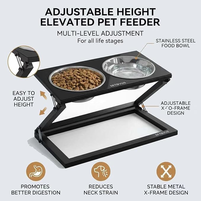 Elevated Dog Bowls, Adjustable Raised Dog Bowl Stand with 2 Stainless Steel Food Bowls 20°Tilted Water Bowls for Medium Small Sized Dogs (Black, Medium)