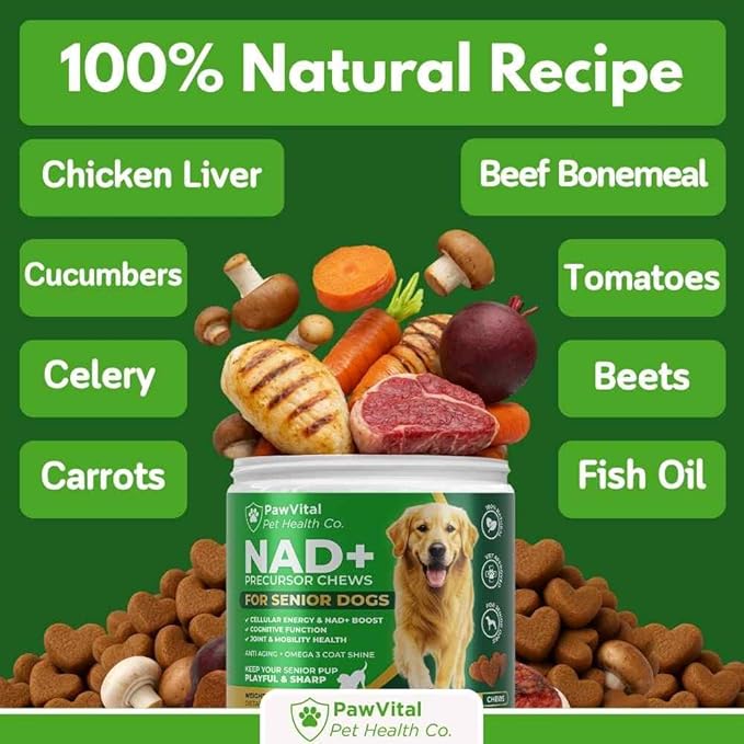 NAD+ Precursor Chews for Senior Dogs – Cellular Energy, Longevity & Cognitive Support – Nicotinamide Riboside, Resveratrol, Quercetin, Glucosamine, Omega-3 – Made with Real Chicken – 90 Count