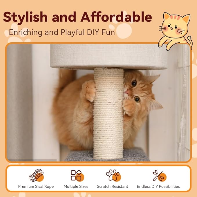 Natural Sisal Rope for Cat Scratcher Replacement, Durable Cat Tree Post Repair Cord for DIY Projects, Climbing Towers, Furniture Protection, Scratch Pad, Crafts, Garden, and Home Décor Use