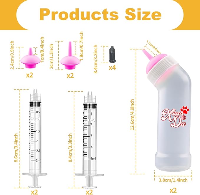 Kitten Nursing Nipple with Syringe, Wide Mouth Angled Puppy Feeding Bottles, with Ventilation Valve Resistant Tearing for Puppies, Kittens, Rabbit, Small Wildlife (M Nipple,Pink)