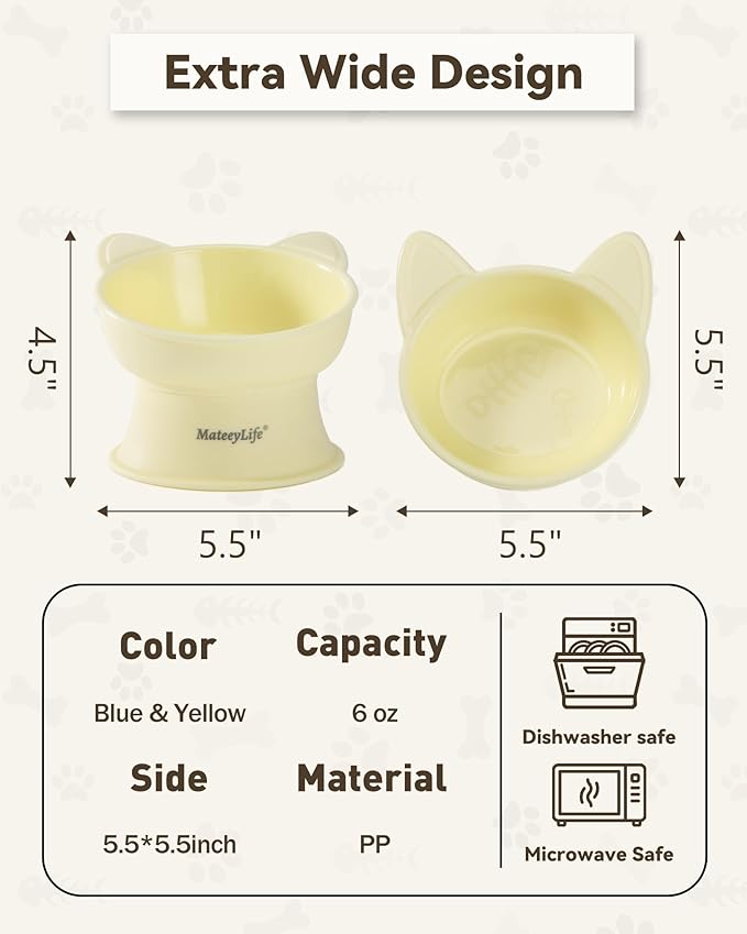 MateeyLife Elevated Cat Bowls, 2P Raised Food and Water Bowl Set for Indoor Cats & Small Dogs, Whisker Fatigue Cat Bowl, Anti Vomit Feeding Pet Bowls, 6 oz Each, Dishwasher Safe - Blue & Yellow