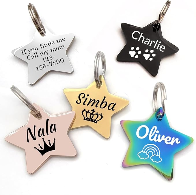 Stainless Steel Cat ID Tag Personalized Pet Tags with up to 4 Lines of Custom Text, Small Pet Mini Dog Cat Tag Lightweight, Engraved on Both Sides, Multiple Patterns Colors Size Options (Star Icon)