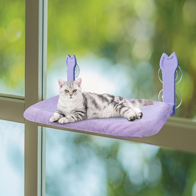 2 Pack Cat Window Perch,Cat Window Hammock Cordless Foldable Window Bed with 4 Large Strong Suction Cup,Reversible Cushion Cover,Metal Frame Easy to Adjust Window Seat Holds up to 40lbs(Purple，M)