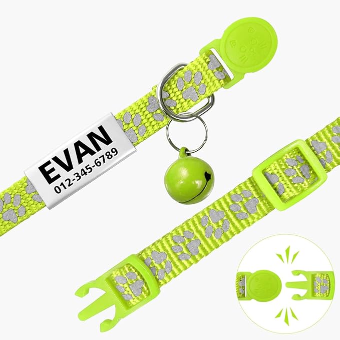 TagME 2 Pack Cat Collar with Name Tag, Personalized Reflective Cat Collar Breakaway with Bell for Boy & Girl Kitten, Green