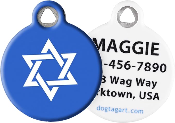 Dog Tag Art Star of David Religious Pet ID Tag for Dogs and Cats, Silent Polymer Coated Stainless Steel Jewish Nametag with Customized Identification Information - Large 1.25" Diameter