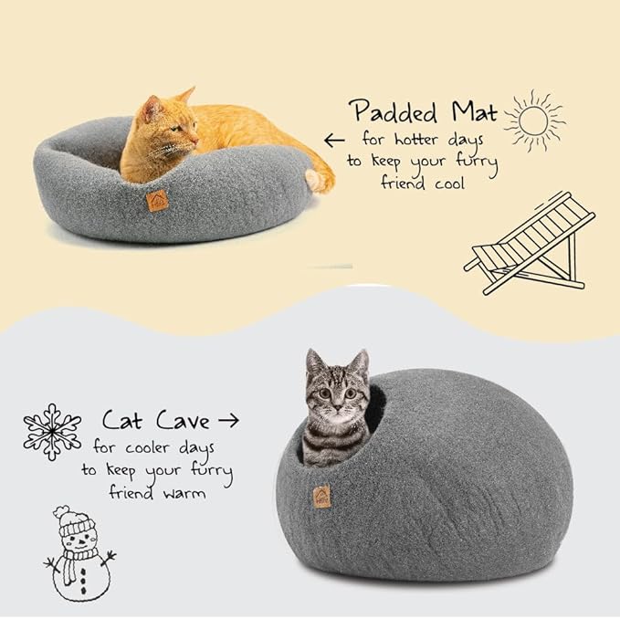 Wool Cat Cave, Handmade Felted Wool Cat Bed for Indoor Cats, Cozy Pet Hideout Pod, Natural Cat House for Kittens & Small Cats, Warm, Durable & Stylish Cat Condo (Medium, Plain Gray)