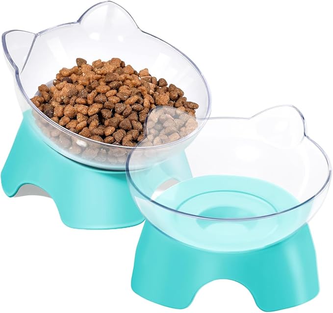 MILIFUN Raised Cat Food Bowls with Stand, Cat Dishes for Food or Water, Cats Tilted Bowl, Pet Dish with Stand (Blue Double Bowl)