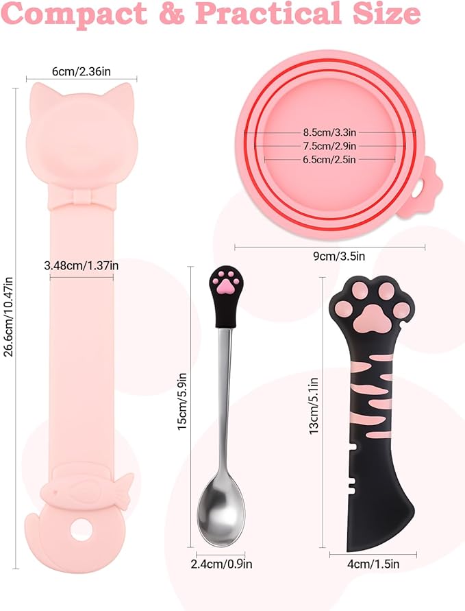 6 PCS Cat Food Can Covers Set, Reusable Silicone Can Lids with Opener, Stainless Steel Wet Food Spoon & Cat Treat Squeezer for Pet Feeding and Storage, Fits Cats & Dogs (Black Pink)