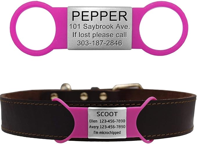 Silent Slide On Puppy Dog Cat ID Tags,Elastic Silicone Band and Stainless Steel Name Plate, Personalized Laser Engraved On Collar,Universal Design for Most Style Pet Collars