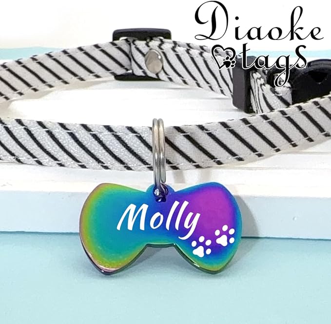 Stainless Steel Cat ID Tag Personalized Pet Tags with up to 4 Lines of Custom Text, Small Pet Mini Dog Cat Tag Lightweight, Engraved on Both Sides, Multiple Patterns Colors Size Options (Bowtie Icon)