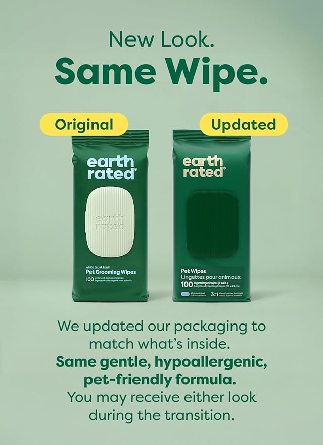 Earth Rated Pet Wipes for Dogs and Cats, Hypoallergenic, 3-in-1 Cleaning, Deodorizing and Hydrating, for Grooming Paws, Body and Butt, New White Tea and Basil Scent, 100 Count (Pack of 2)
