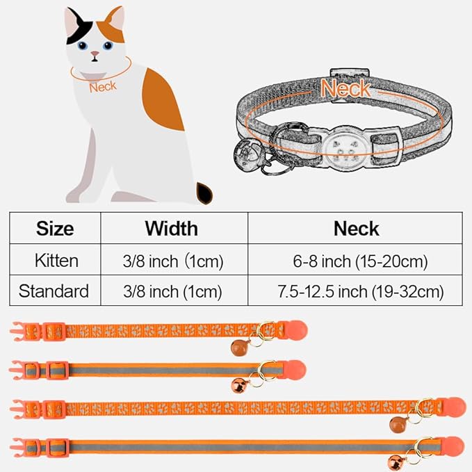Taglory Reflective Cat Collar Breakaway with Bell, High Visibility Night Strip, Lightweight Adjustable Nylon Collar for Boy Girl Cats, 2 Pack, 7.5-12.5 Inch, Orange