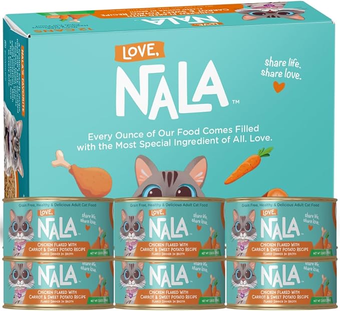 LOVE, NALA - Chicken Flaked with Carrot & Sweet Potato in Broth - 24 Pack, 4.8 lbs - Natural Adult Cat Wet Food Flaked -Grain Free, Non-GMO, Lean Protein, Added Minerals & Vitamins