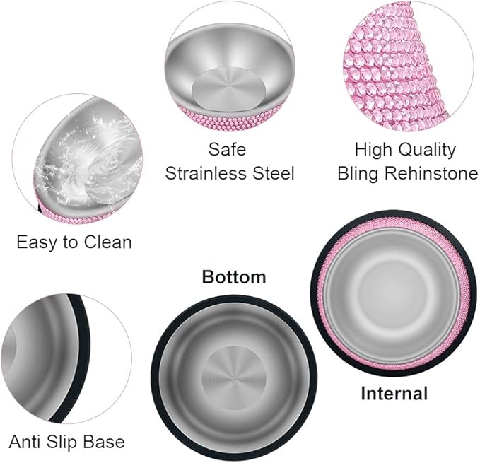 Triumilynn Rhinestone Cat Bowls Rhinestone Dog Bowls, Pink Cat Food Bowl Pink Bling Dog Bowl Stainless Steel for Small Pets Food Water Dishes-2 Pack