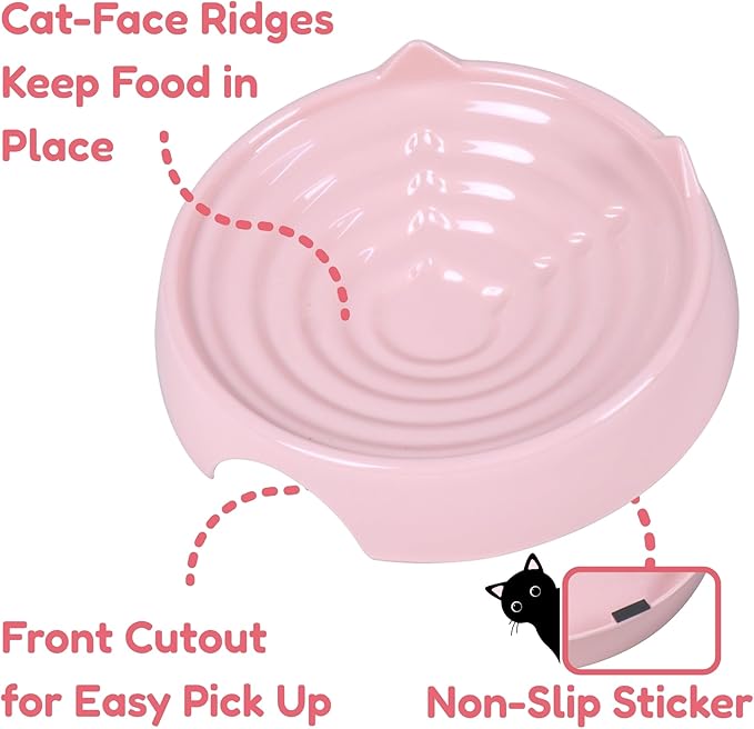 2 Pcs Whisker-Friendly Cat Food Bowl, Melamine Shallow & Wide Cat Bowl for Indoor Cats,Relieves Whisker Fatigue,Non-Slip Cat Dish for Wet and Dry Food (Pink*2, 6.3")