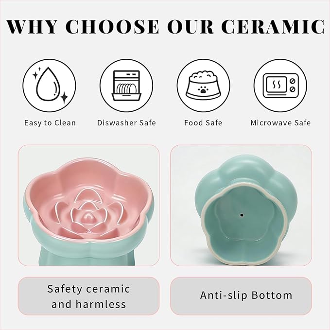 Cat Slow Feeder Flower-Shaped Ceramic Slow Feeder Cat Bowl, Tilted Raised Cat Slow Feeder Bowl for Whisker Relief, Prevents Vomiting & Bloating, Non-Slip Base, Cat Bowls for Dry and Wet Food