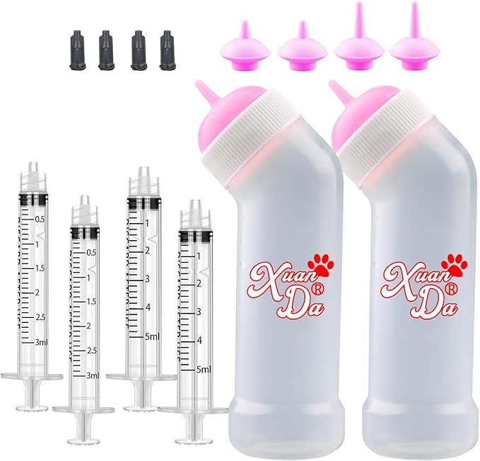 Kitten Nursing Nipple with Syringe, Wide Mouth Angled Puppy Feeding Bottles, with Ventilation Valve Resistant Tearing for Puppies, Kittens, Rabbit, Small Wildlife (S Nipple,Pink)