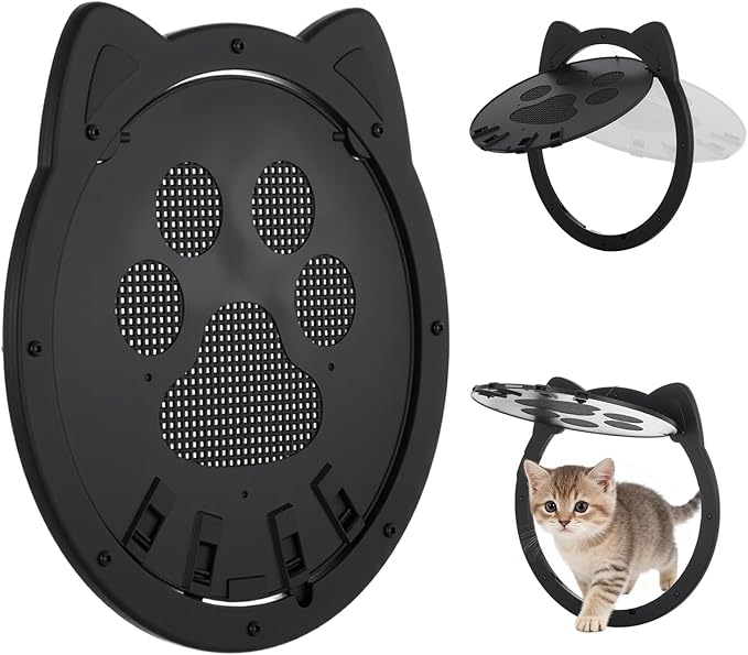 Cat Door for Screen Door, Cat Screen Door, Pet Screen Doors with Lockable Magnetic Flap for Doggy and Cat, 11.42 x 8.66 x 0.39in (Black)