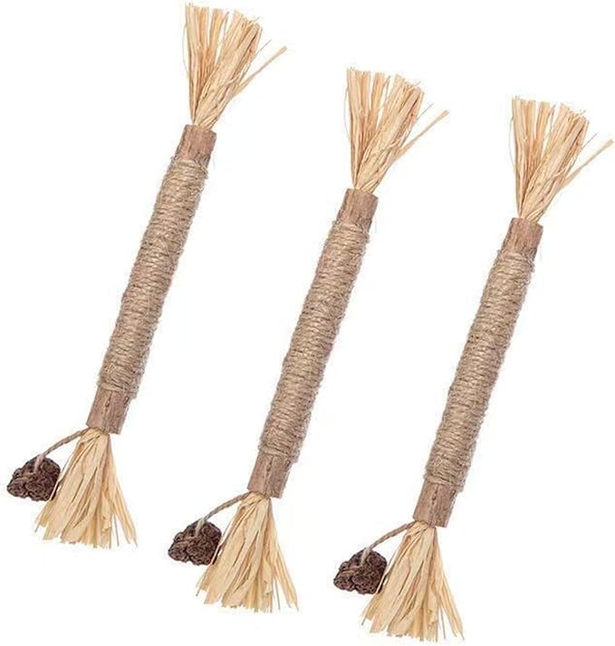 Interactive Cat Catnip Chew Toys, Natural Silvervine Teething Sticks, Jute Rope Wrapped Dental Care with Raffia Tassels (1 Thick& 3 Tiny)