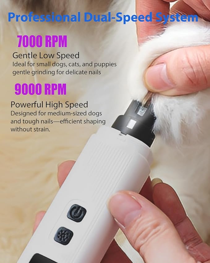 Electric Dog Nail Grinder with 2 Level LED Lights, 2 Speed Super Quiet and Low Vibration Electric Cat Nail Grinder - Rechargeable Pet Nail Grinder for Small Dogs Cats - White