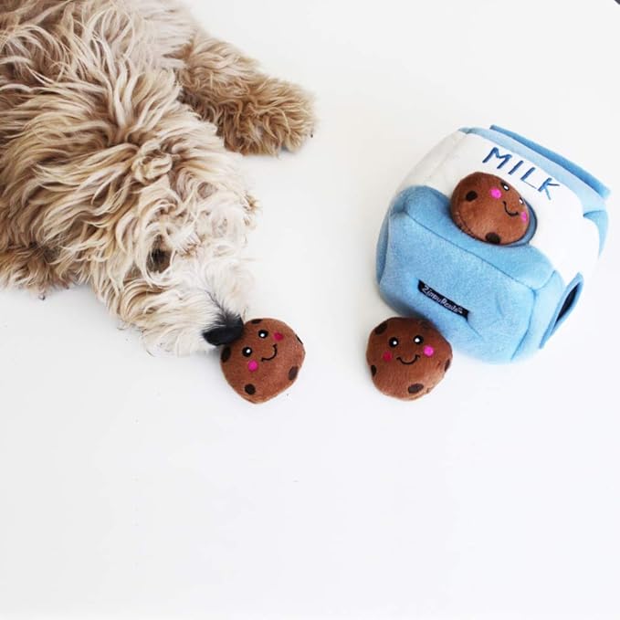 ZippyPaws Burrow- Interactive Dog & Puppy Toys for Boredom, Stimulating Pet Products to Keep them Busy, Hide & Seek Plush Puzzles, Squeaky Toy for Enrichment, For Small & Medium Dogs- Milk and Cookies