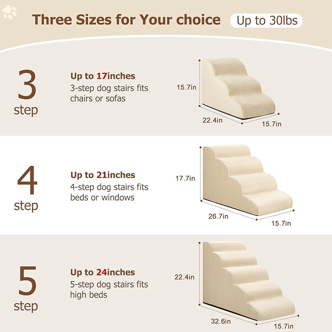 Dog Ramp and Stairs for Small Dogs & Cats,3-Step Pet Stairs for Couch Sofa and Chair,Indoor Anti-Slip Dog Stairs for Old Cats and Puppy,Beige