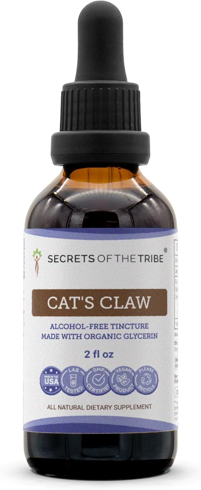 Secrets of the Tribe Cat's Claw Tincture Alcohol-Free Liquid Extract, Wildcrafted Cat's Claw (Uncaria Tomentosa) Dried Inner Bark (2 FL OZ)