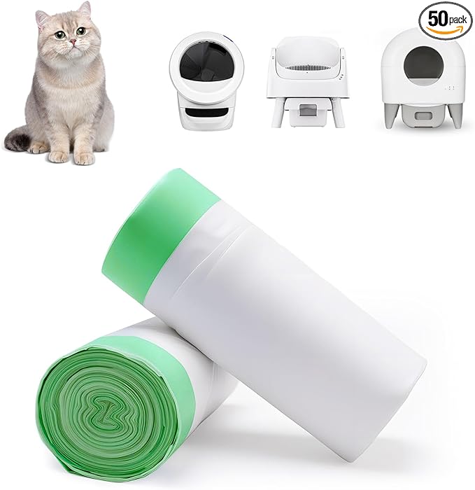 Litter Box Waste Bags for Robot 4/3, 50 Pack Drawstring Self Cleaning Automatic Cat Litter Box Liners, Extra Thick Waste Drawer Liners Heavy Duty