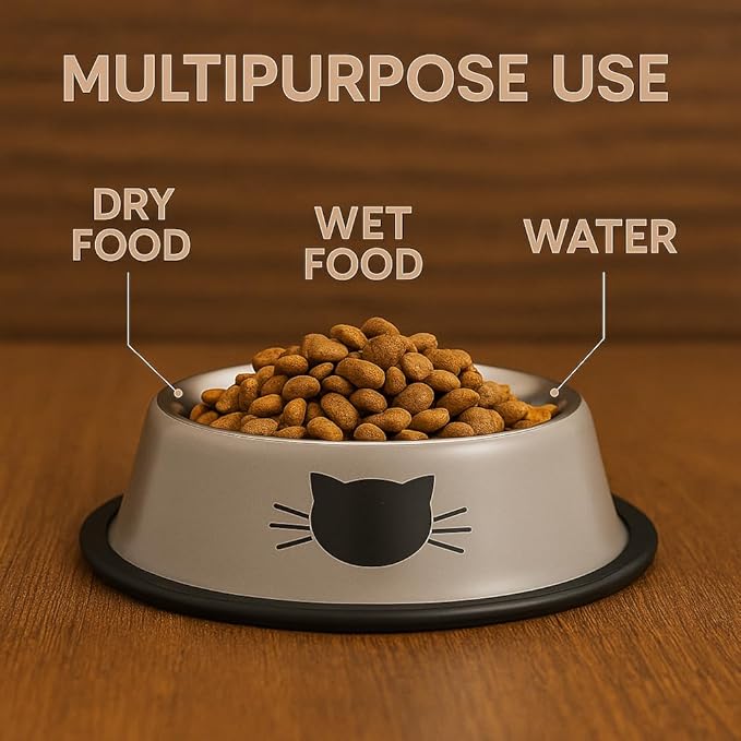 2 Pack Printed Stainless Steel Cat Bowls – 8.1 fl oz Anti-Skid Food & Water Cat Feeding Bowls|Cat Dish for Food and Water Bowl|Cat Feeding Bowl for Kitten (Blue & Grey)