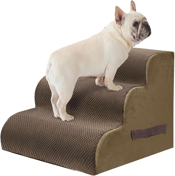 PAWSCART Dog Stairs for Small Pets, 15.7" H with 30D Material Soft Foam, Portable Ramp Non-Slip Surface Non-Slip for Couch and High Bed Climbing, 3-Step Stairs for Cat or Dog, Brown