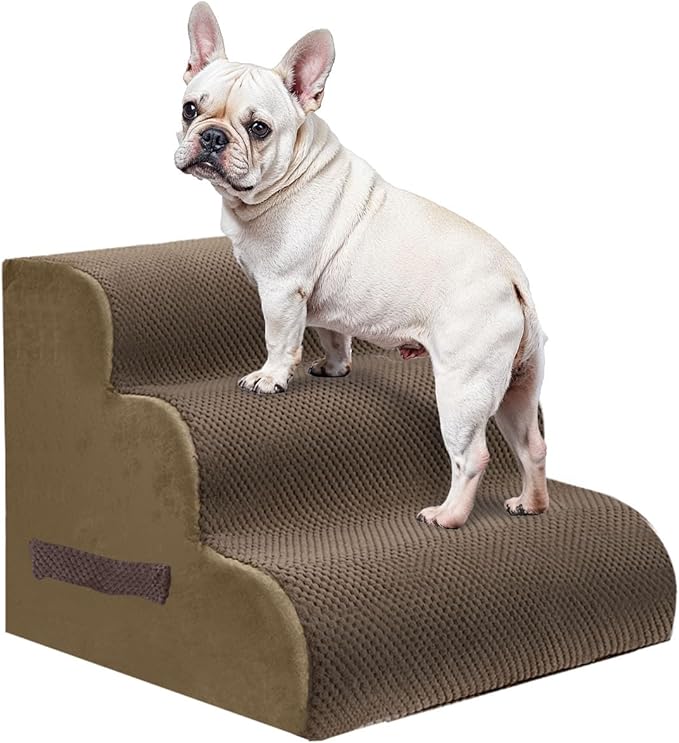 PAWSCART Dog Stairs for Small Pets, 15.7" H with 30D Material Soft Foam, Portable Ramp Non-Slip Surface Non-Slip for Couch and High Bed Climbing, 3-Step Stairs for Cat or Dog, Brown