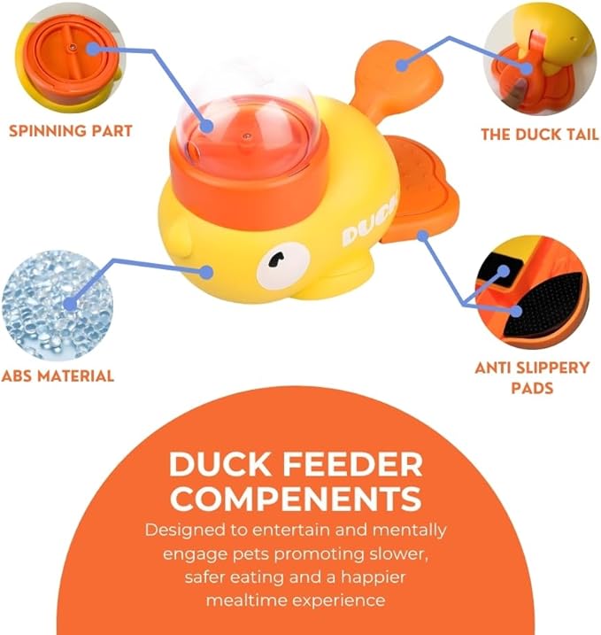 Duck Dog Treat Dispenser Toy - Anti-Slip Interactive Slow Puzzle Feeder for Dogs & Cats - 3 Challenge Lids for IQ Training, Mental Enrichment for Small, Medium & Large Dogs