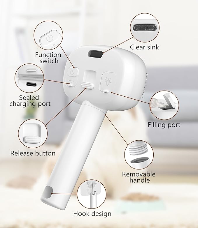 3-In-1 Cat Steam Brush for Shedding, One-Touch Release - Rechargeable - Self Cleaning Comb for Indoor Cats, Anti-Static Grooming Brush for Long and Short-Haired Cat/Dog, White