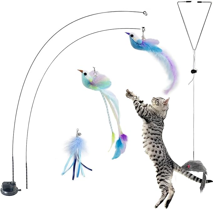 Cat Toys Interactive Hands-Free 8 Pack Cat Toys for Indoor Cats Toy Wand Natural Bird Feather,Hanging Door Lure Kitten Toy, Suction Cup Pet Indoor Dancing Playing Toys, Suction Cup Pet Playing