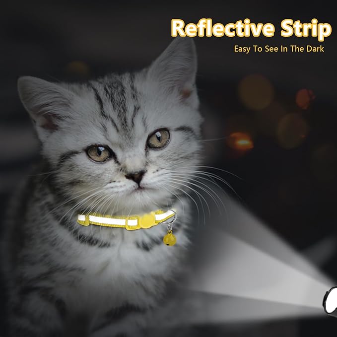 Taglory Kitten Collar Breakaway with Bell, Reflective Soft Cat Collar for Small Kittens, Adjustable 6-8 Inch High Visibility Night Strip, Lightweight for 2-6 Months Baby Cats, 2 Pack, Yellow