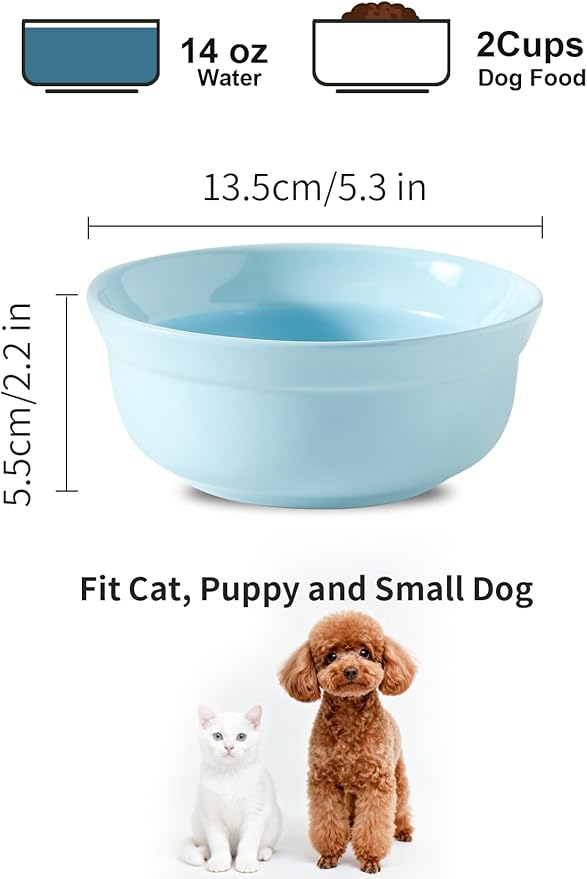 5.3 Inch Blue Ceramic Small Dog Bowl Sets - Porcelain Wide Mouth Cat Food or Water Bowls, Cute Feeding Bowls for Indoor Small Size Dog, for Wet or Dry Food