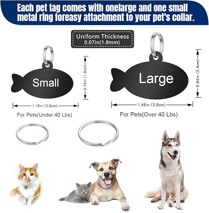 Personalized Dog Tags and Cat Tags, Stainless Steel Pet ID Tags, Collar Charm Engraved on Both Sides, up to 4 Lines of Custom Text, Various Patterns and Colors Options (Fish)