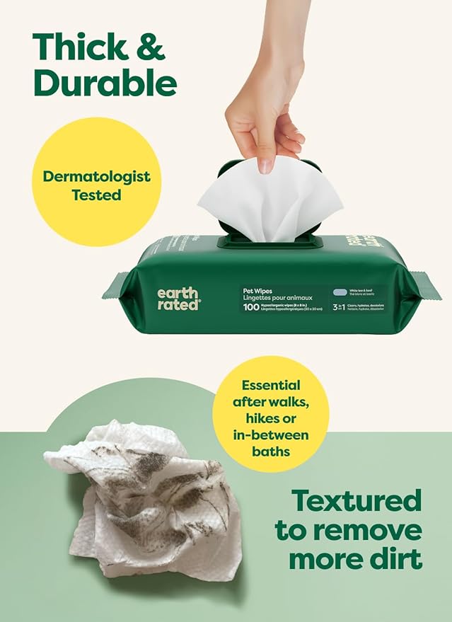 Earth Rated Pet Wipes for Dogs and Cats, Hypoallergenic, 3-in-1 Cleaning, Deodorizing and Hydrating, for Grooming Paws, Body and Butt, New White Tea and Basil Scent, 100 Count (Pack of 2)